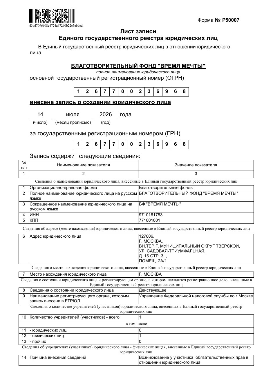 Первая страница листа записи ЕГРЮЛ